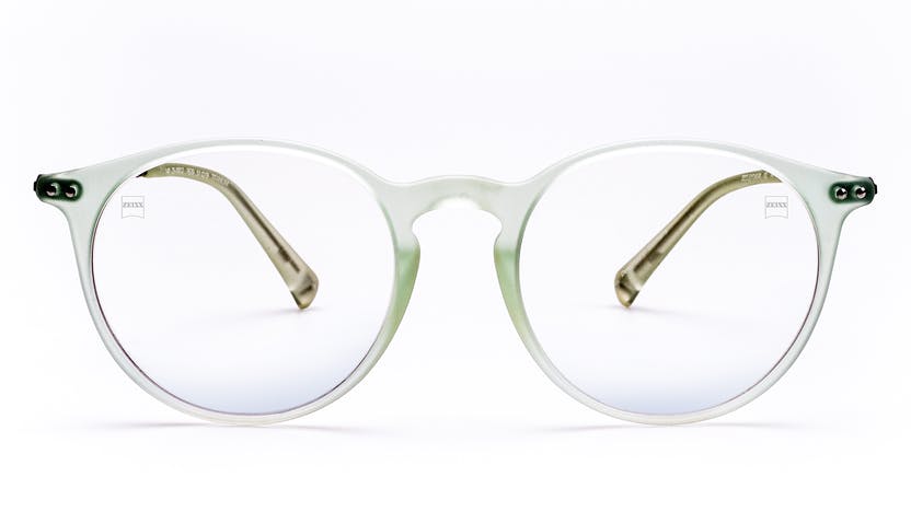A round Zeiss SmartLife frame in pale green acetate, viewed straight on